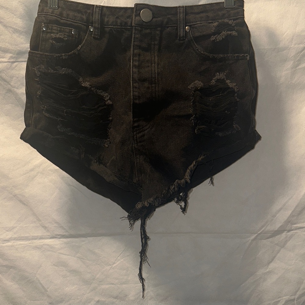 Distressed Black Denim Shorts